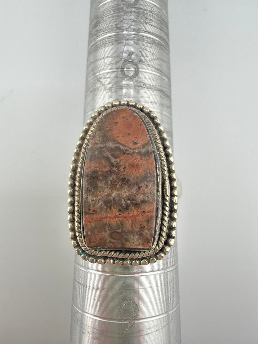 Southwestern Sterling Silver Jasper Agatized Petrified Wood Shield Ring Size 7.5